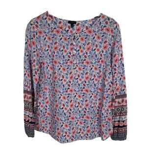 Talbots Henley Botanical Floral Popover Top Large‎ Petite Blue Pink Non-Stretch